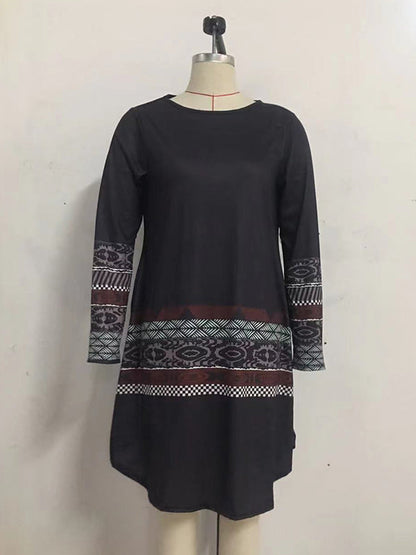 Long Sleeves Striped Contrast Color Printed Round-neck Mini Dresses