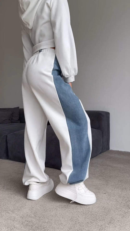 Hooded Denim Patchwork Sweatshirt Two-piece Set