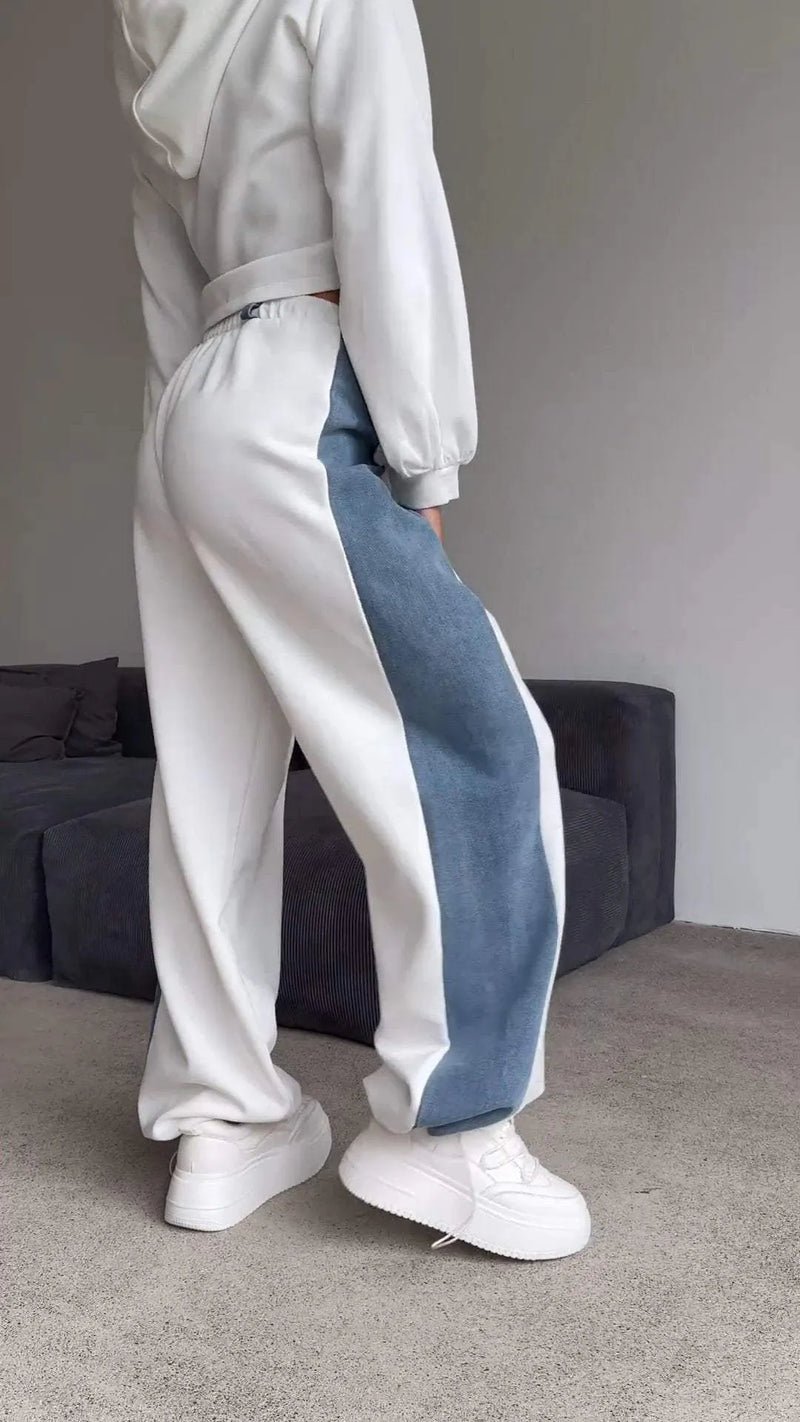Hooded Denim Patchwork Sweatshirt Two-piece Set