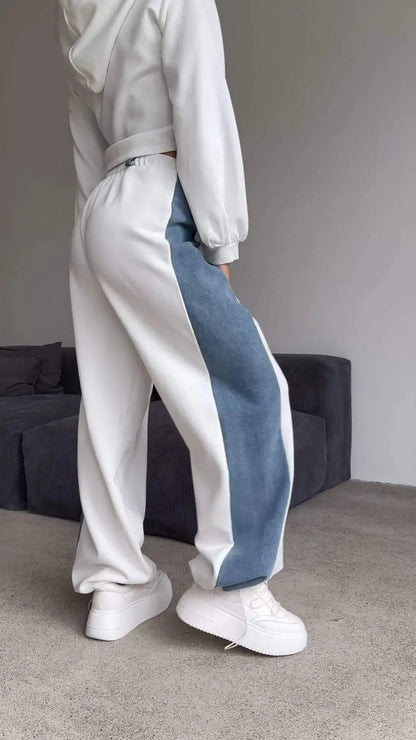 Hooded Denim Patchwork Sweatshirt Two-piece Set