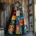 Women's Abstract Creative Cute Cat With Floral Patchwork Art Pattern Linen Round Neck Maxi Dress elevenforest