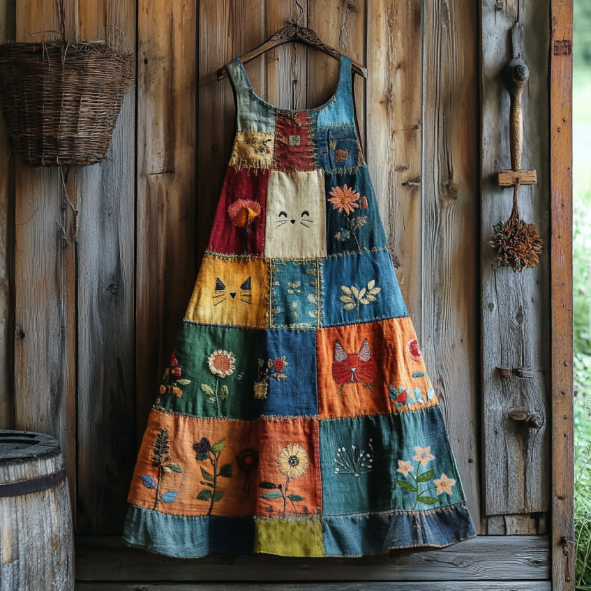 Women's Abstract Creative Cute Cat With Floral Patchwork Art Pattern Linen Round Neck Maxi Dress elevenforest