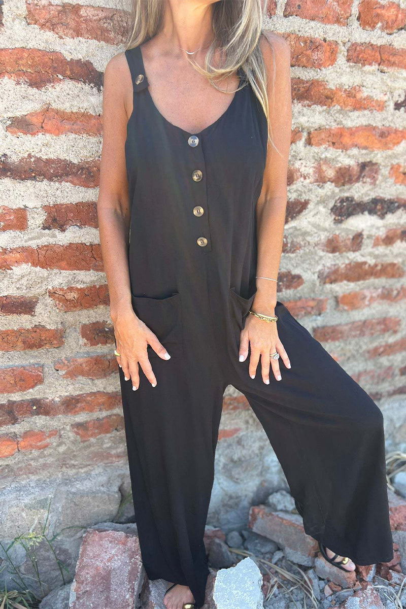 Pocket Buttons Backless U Neck Boot Cut Jumpsuits(3 Colors)
