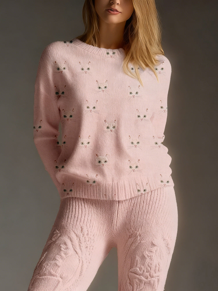 Cute Cat Face Pattern Round Neck Cozy Knit Sweater elevenforest