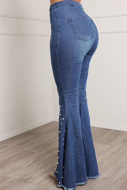 Street Patchwork Beading High Waist Boot Cut Denim Jeans