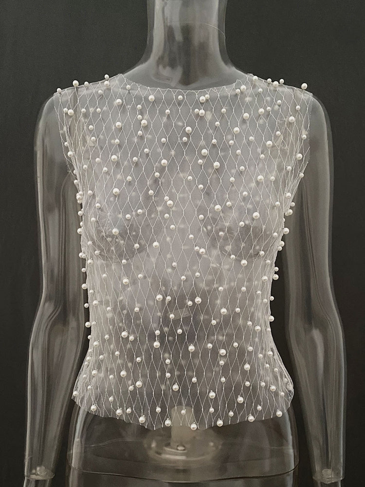 Tossy Pearl Mesh See-through Tank Top Sleeveless Round Neck Losse Summer Short T-shirt Female Y2k Vest