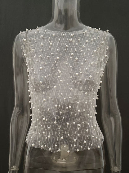 Tossy Pearl Mesh See-through Tank Top Sleeveless Round Neck Losse Summer Short T-shirt Female Y2k Vest