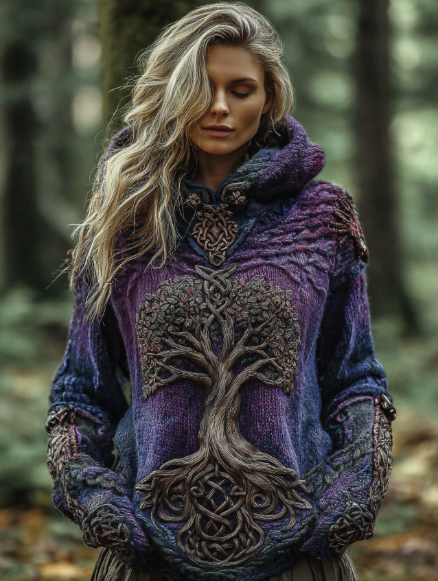 Women'sviking Celtic Knot With Tree Of Life Knitted Warm Hooded Sweater elevenforest