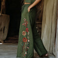 Women's Retro Linen Bohemian Flowers Ethnic Print Long Loose Wide-leg Trouser Pants elevenforest