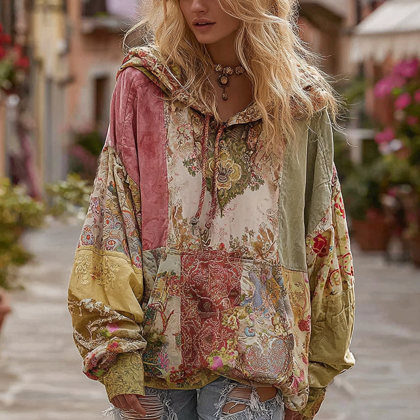 Women's Bohemian Floral Patchwork Cozy Warm Hoodie elevenforest