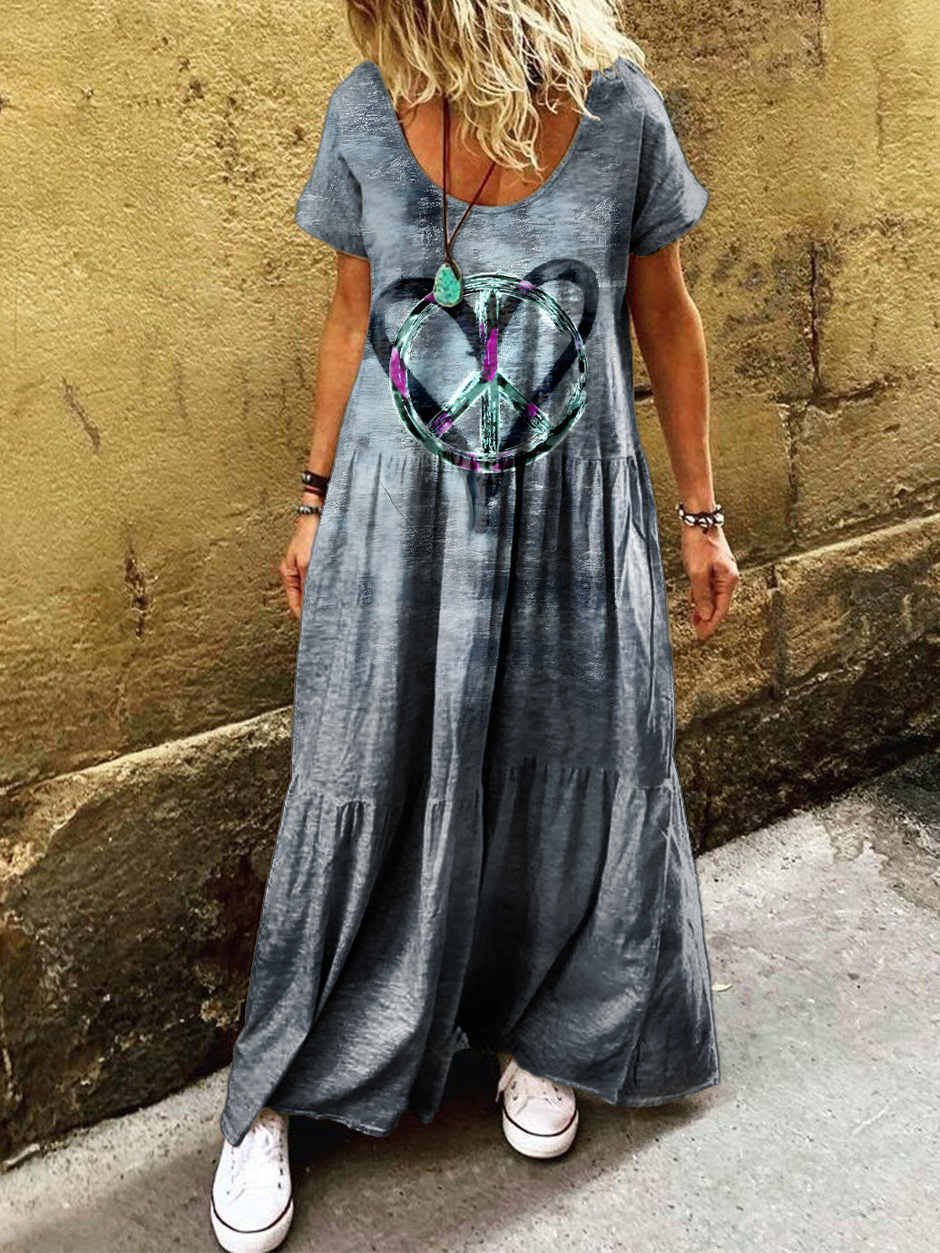 Women's Hippie Peace Love Art Print Pocket Short Sleeve Cotton Dress
