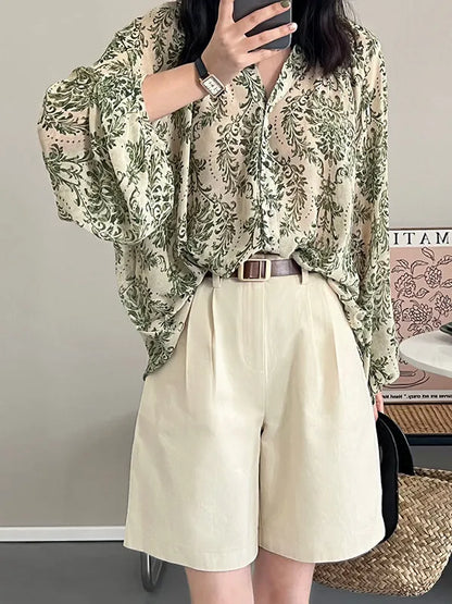 Loose Printed Sun Protection Balloon Sleeves V-neck Blouses