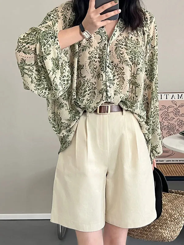 Loose Printed Sun Protection Balloon Sleeves V-neck Blouses