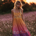 Bohemian Style Plant And Flower Pattern Sunset Atmosphere Gradient Color Halter Neck Long Dress elevenforest