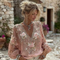 Women's Vintage Pink Floral Embroidered Art V-neck Long Sleeve Blouse elevenforest