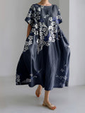 Women Japanese Art Plum Blossom Linen Blend Maxi Dress