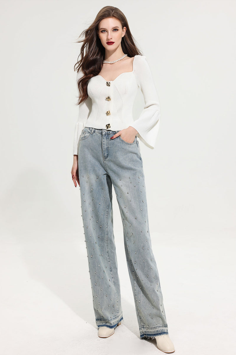Woolen Knit Sweetheart Neck Long Sleeve Top White
