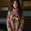 Comstylish Women's Classic Bird And Flower Fellman Island Pattern Turtleneck Sweater