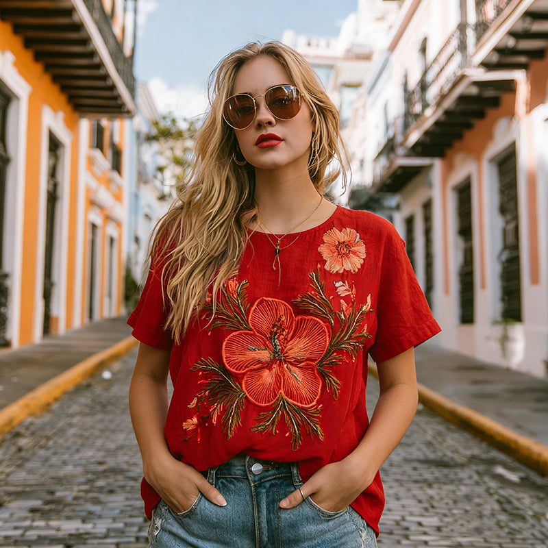 Women's Retro Hibiscus Pattern Casual Linen Blend T-shirt elevenforest