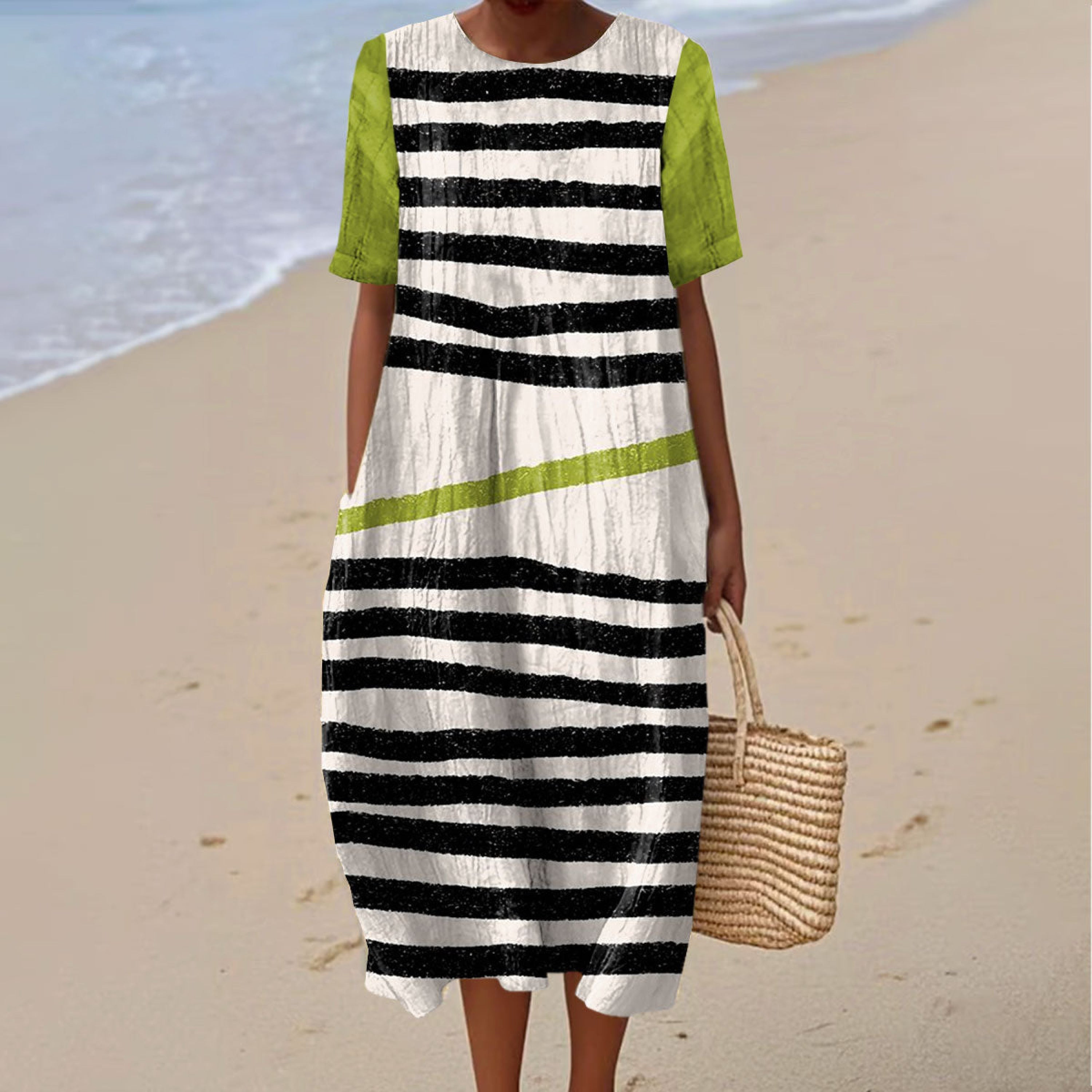 Women's Retro Irregular Stripe Art Print Casual Dress elevenforest
