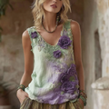 Vintage Green Purple Gradient Floral Embroidered V-neck Linen Blend Casual Tank Top elevenforest