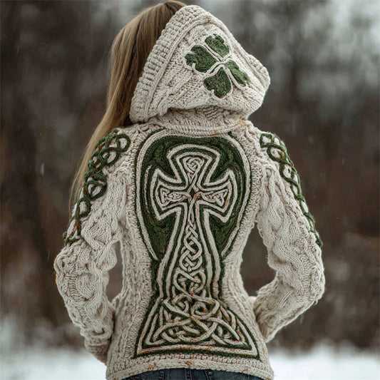 Vintage Shamrock & Celtic Cross Chunky Cozy Hooded Sweater artswardrobe