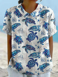 Women's Fresh Blue Ink Turtle Print Casual Cotton And Linen Shirt