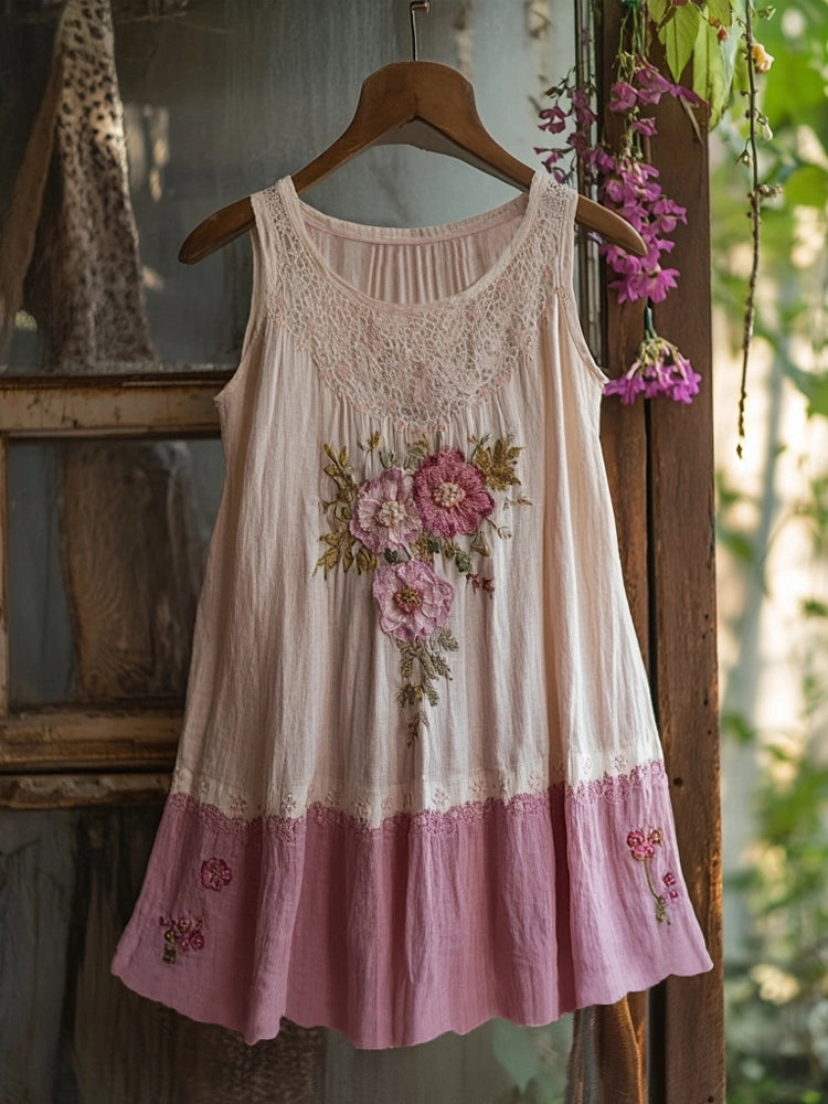 Vintage Pink Floral Embroidered Linen Tank Top elevenforest