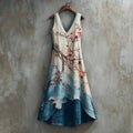 Women's Cherry Blossoms Embroidery And  Waves Art Linen Maxi Dress elevenforest