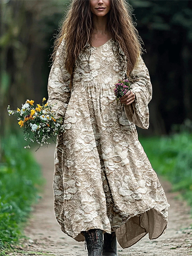 Vintage Floral Lace Embroidered Flowy Linen Blend Maxi Dress elevenforest