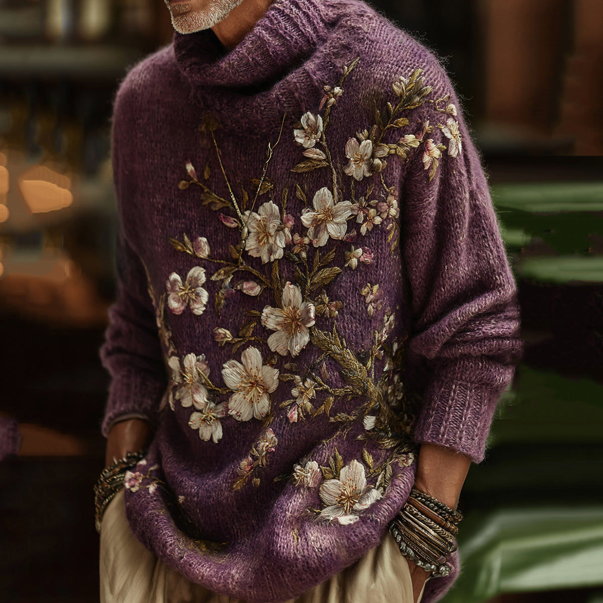 Men's Vintage Pink Almond Blossom Art Jacquard Thick Warm Turtleneck Sweater elevenforest
