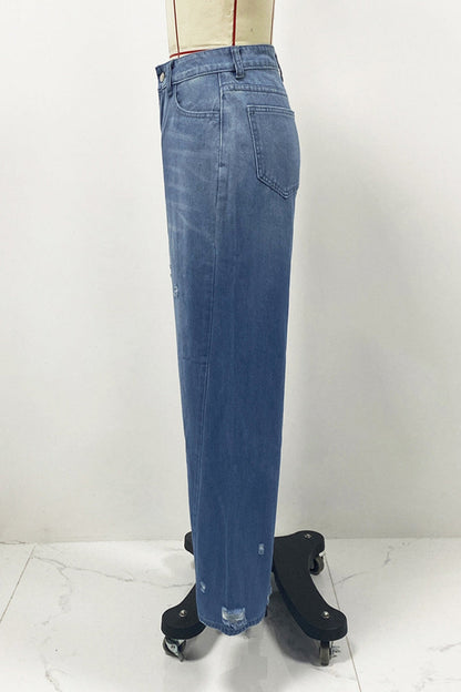 Street Gradient Color Ripped Pocket High Waist Loose Denim Jeans