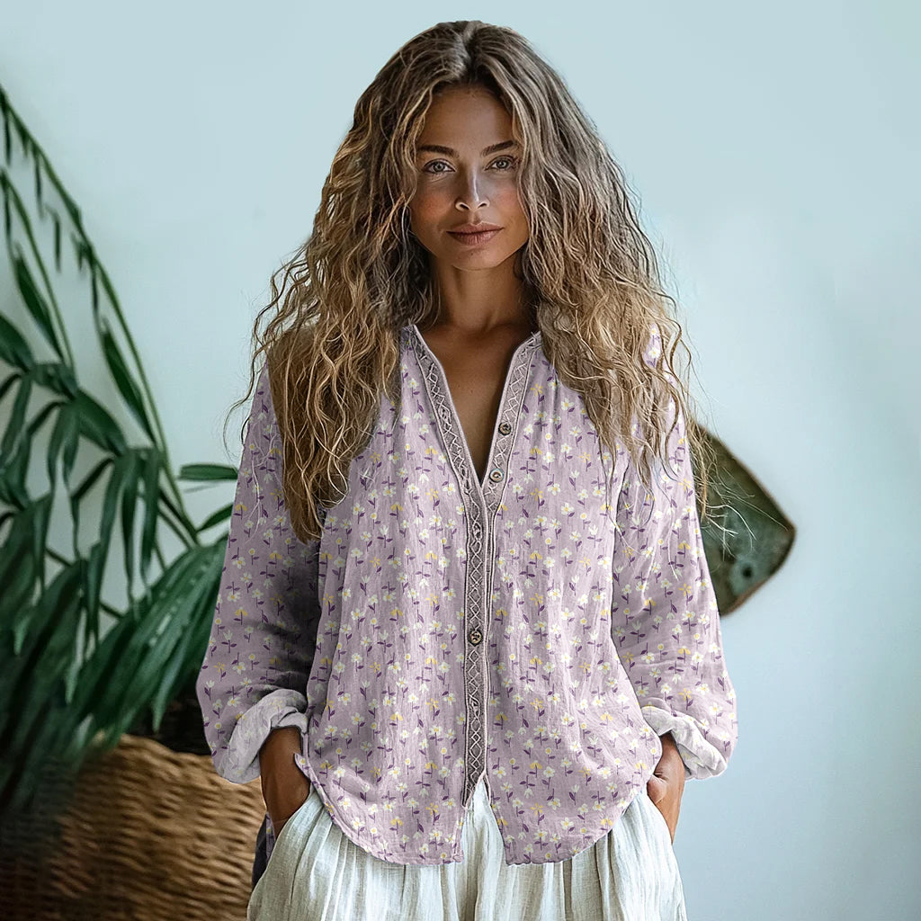 Vintage Wildflowers Floral Art  Linen Print  Long Sleeve Shirt elevenforest