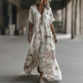 Women's Vintage Floral Embroidery Art Linen Blend V Neck Maxi Dress elevenforest