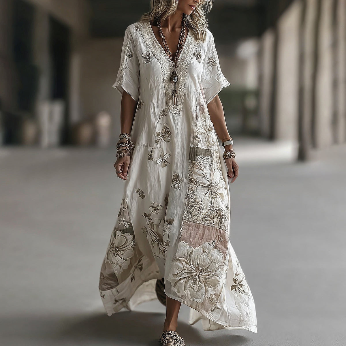 Women's Vintage Floral Embroidery Art Linen Blend V Neck Maxi Dress elevenforest