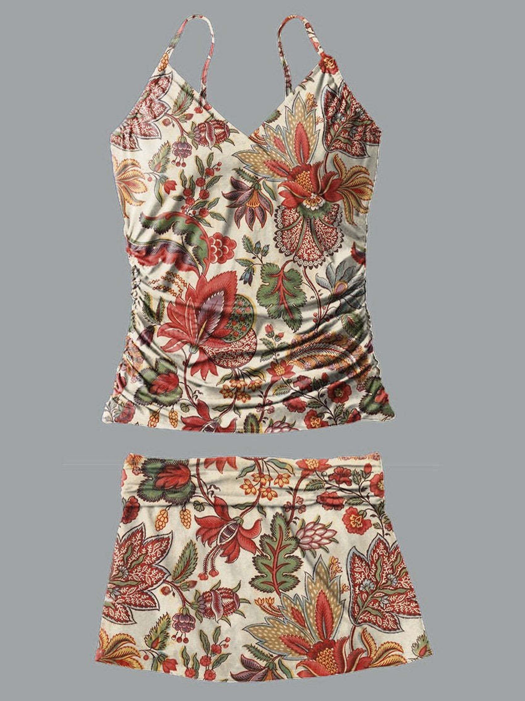 Retro Colorful Flowers V-Neck Vintage Flowers Print Suspender Skirt Tankini Pantskirt Set Swimsuit