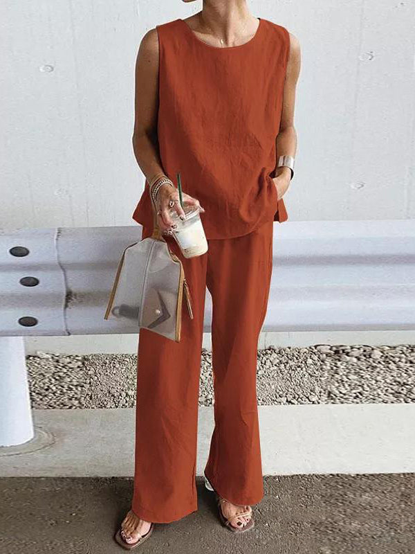 Loose Sleeveless Color Split-side Round-neck Vest Top + Pockets Pants Bottom Two Pieces Set