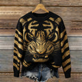 Comstylish Tiger Stripe Pattern Vintage Crew Neck Cozy Sweater