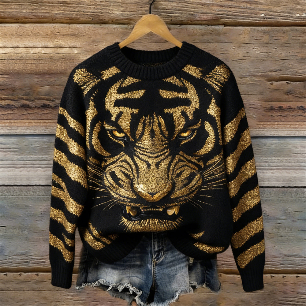 Comstylish Tiger Stripe Pattern Vintage Crew Neck Cozy Sweater