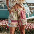 Countryside Style Collection Classy Patchwork Floral Pattern Art Linen Shorts elevenforest