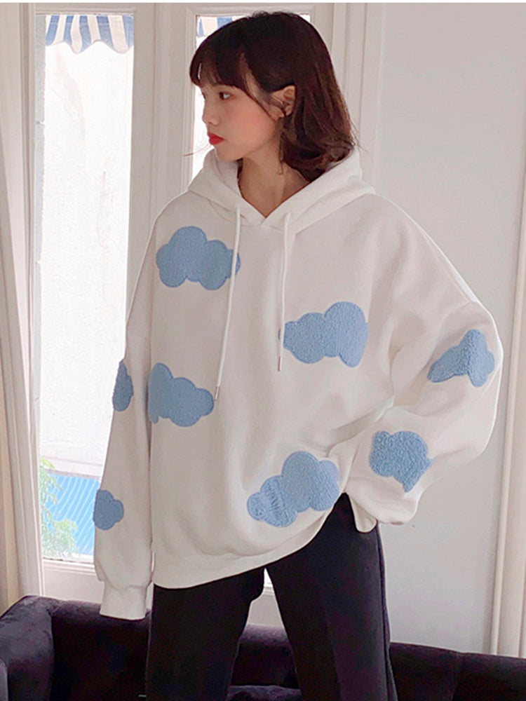 Korean Sweatshirt Winter Clouds ’s Sweaters Velvet Warm Sleeves Tops Temporary Hoodies Kawaii Femal
