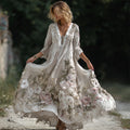 Boho Pink & White Flowers Fiber Art Flowy Linen Maxi Dress elevenforest