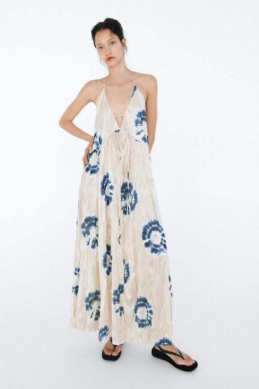 Printed Pleated V-neck Halter Neck Cami Maxi Dress
