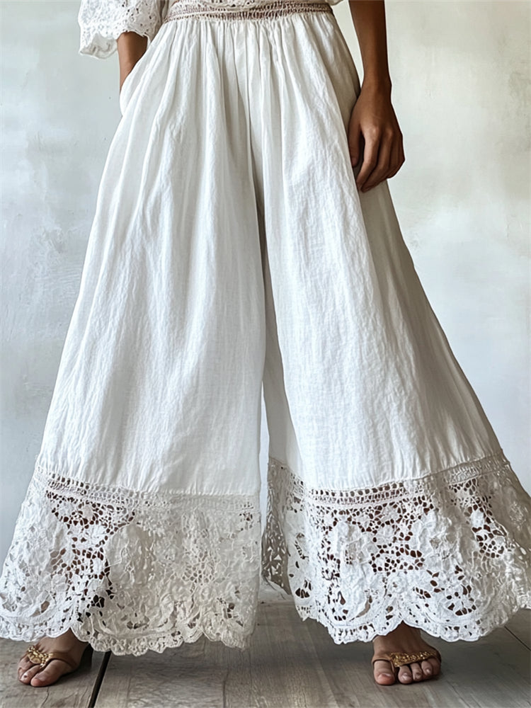 Vintage Boho Floral Lace Hem Flowy Linen Pants elevenforest