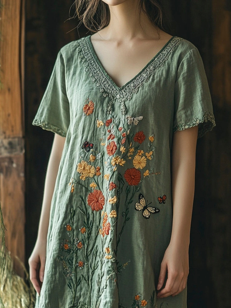 Boho Floral Embroidery Women's Linen Dress elevenforest