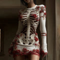 Comstylish Women's Red Rose Skeleton Art Knit Mini Sweater Dress