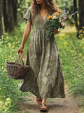 Women's Artistic Floral Vintage Print V-Neck Short Sleeve Dress