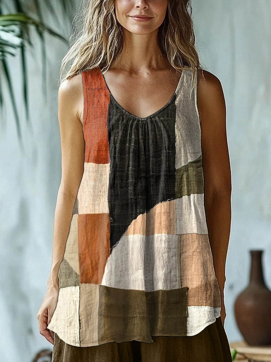 Geometric Pattern Patchwork Linen Blend Tank Top elevenforest