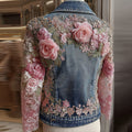 Vintage Pink Rose Embroidered Art Denim Jacket elevenforest