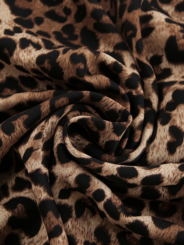 Loose Leopard Split-joint Lapel Long Sleeves Tied Waist Blouse + Elasticity Pants Trousers Two Pieces Set